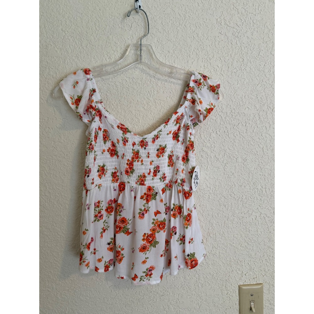 Jolie & Joy Floral Butterfly Smocked Peplum Top White Orange Womens L Boho‎ NWT